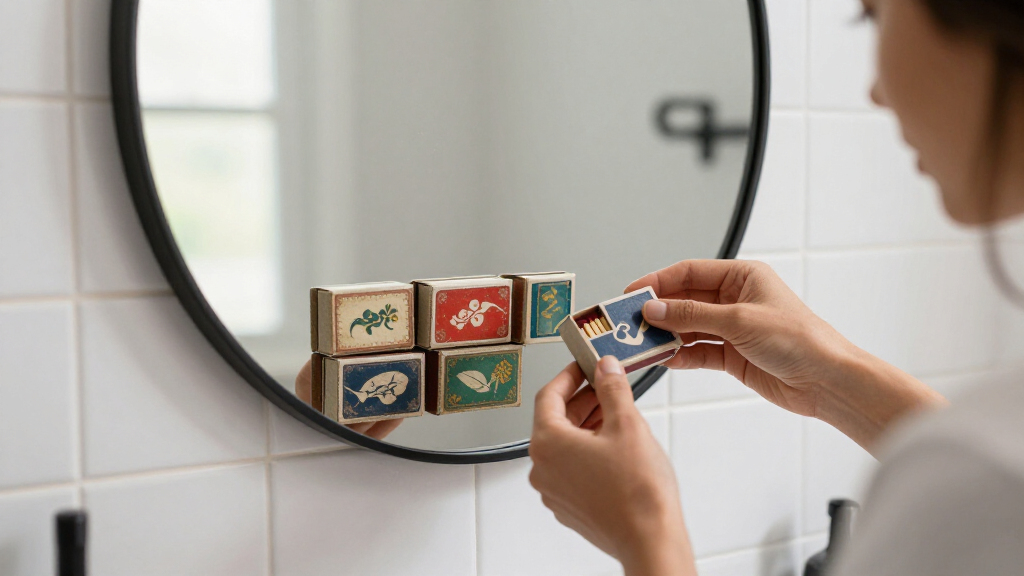 She Put Vintage Matchboxes On Her Tiny Bathroom Mirror, And It’s The Cutest Storage I’ve Seen